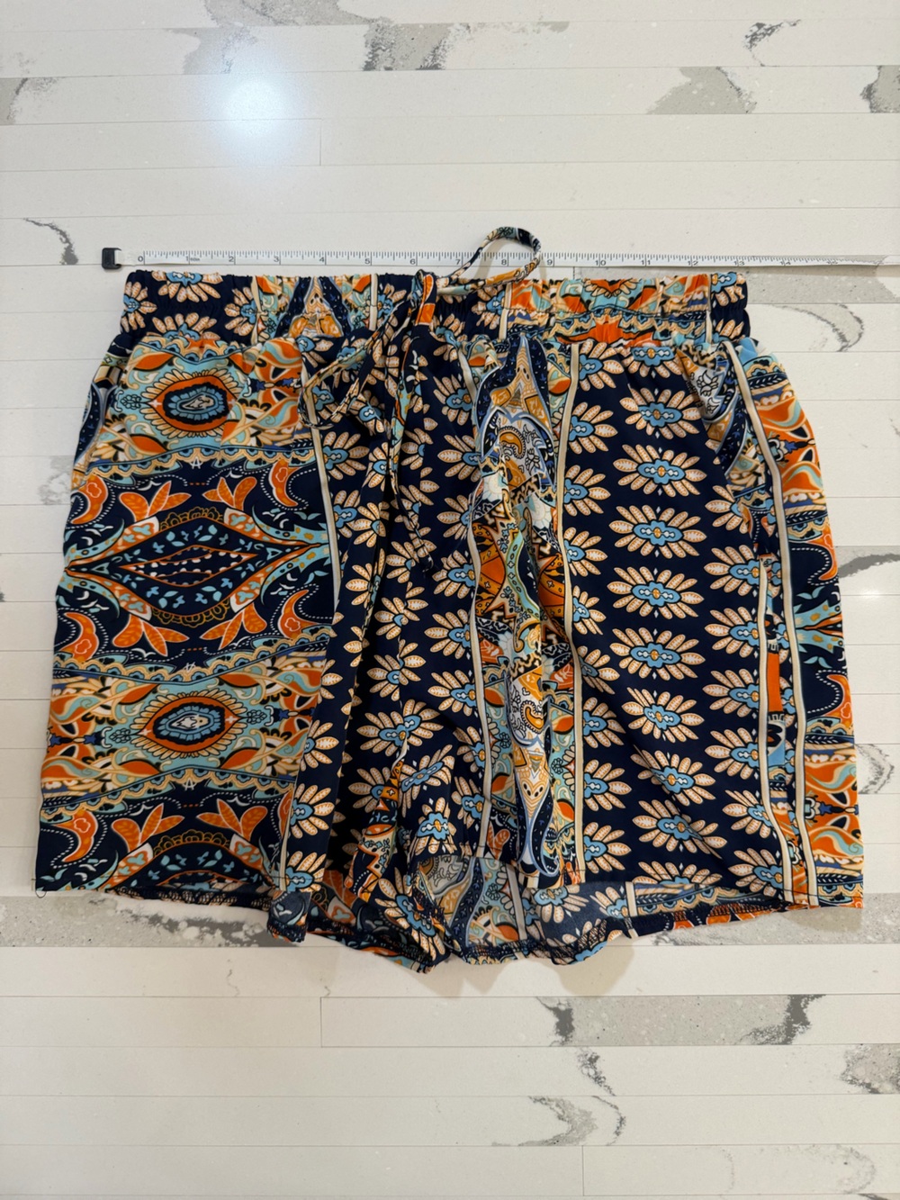 Boho Paisley and Floral Elastic Waist Shorts - Navy, Orange, Teal